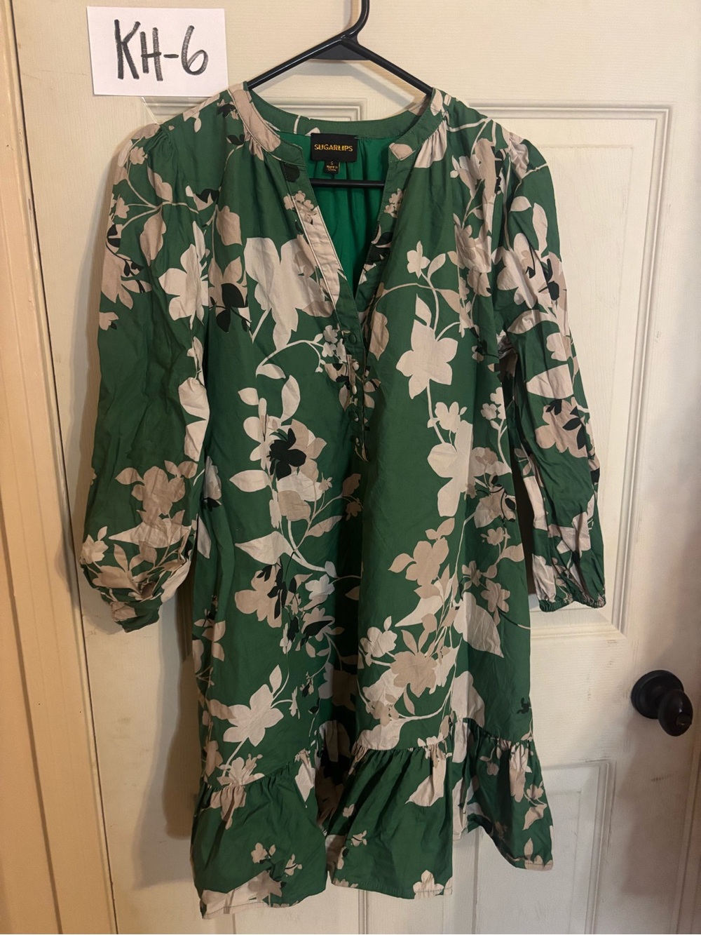 Sugarlips Green Floral Long Sleeve Ruffle-Hem Dress